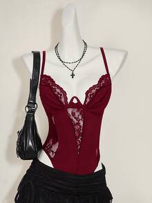 SHEIN ICON Y2K Spring Carnival Lace Patchwork Cropped Camisole Tops High Waisted Backless Camisole For Women - Burgundy - View 9