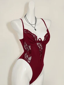 SHEIN ICON Y2K Spring Carnival Lace Patchwork Cropped Camisole Tops High Waisted Backless Camisole For Women - Burgundy - View 4