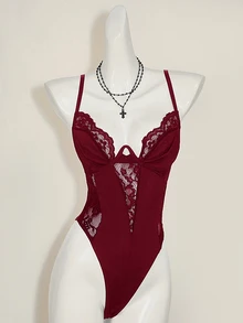 SHEIN ICON Y2K Spring Carnival Lace Patchwork Cropped Camisole Tops High Waisted Backless Camisole For Women - Burgundy - View 3