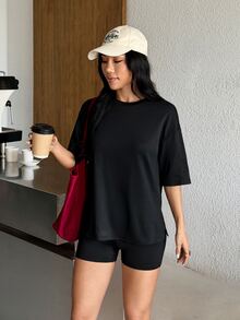 Muchica Women's Black Oversized Sporty Modest Athletic T-Shirt Matching Shorts High Stretch Sports Set Breathable Quick Dry Gym Running Activewear - Black - View 5