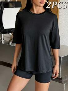 Muchica Women's Black Oversized Sporty Modest Athletic T-Shirt Matching Shorts High Stretch Sports Set Breathable Quick Dry Gym Running Activewear - Black - View 3