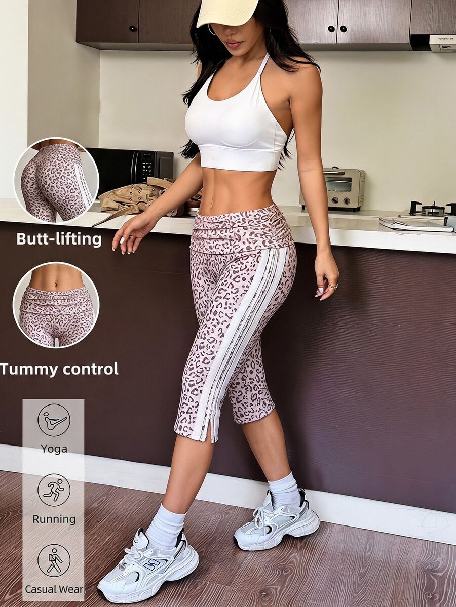 Muchica Women's Beige Leopard Print Capri High Waist Ruched Slimming Booty Lift Squat Proof Compression Sports Leggings Gym Yoga Pilates Activewear Cropped