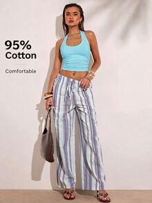 SHEIN BAE Women's Solid Color Backless Halter Neck Cropped Tank Top - Mint Blue - View 3