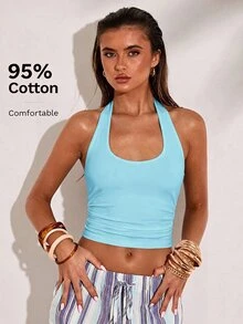 SHEIN BAE Women's Solid Color Backless Halter Neck Cropped Tank Top - Mint Blue - View 1