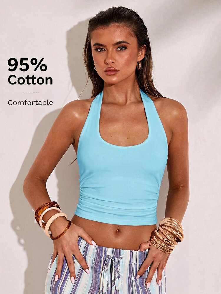 SHEIN BAE Women's Solid Color Backless Halter Neck Cropped Tank Top - Mint Blue - View 1