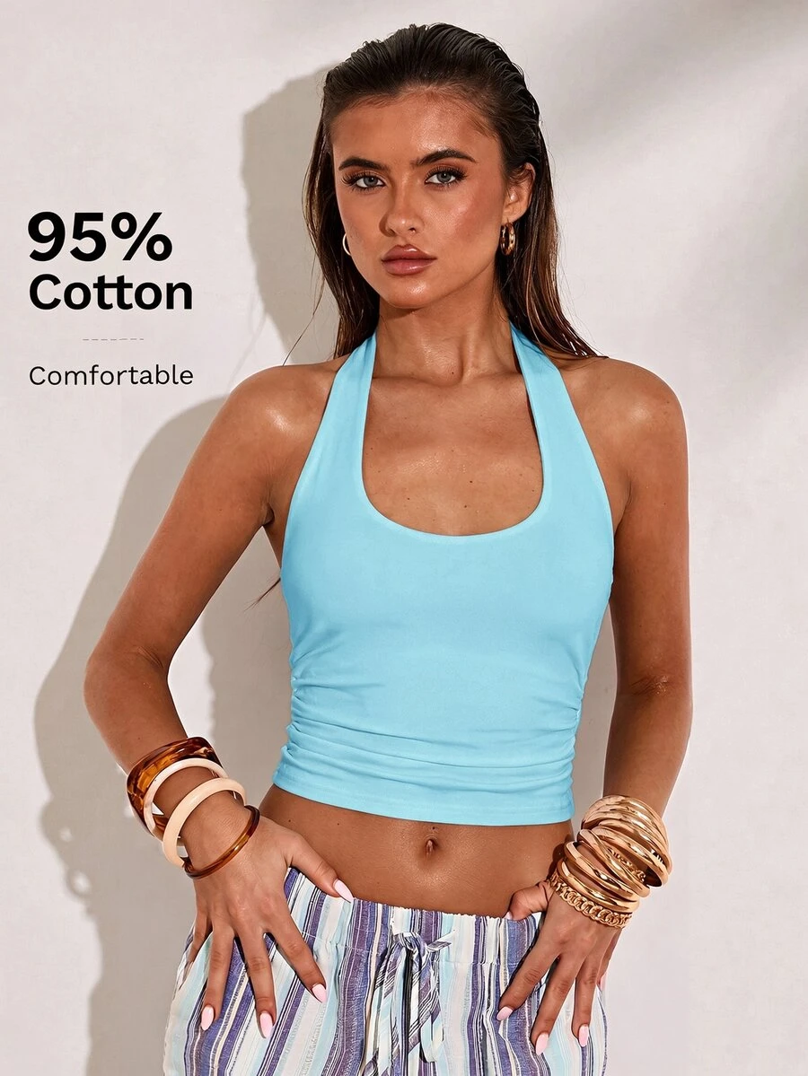 SHEIN BAE Women's Solid Color Backless Halter Neck Cropped Tank Top - Mint Blue - View 1