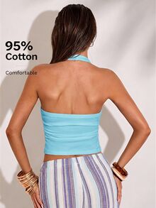 SHEIN BAE Women's Solid Color Backless Halter Neck Cropped Tank Top - Mint Blue - View 2
