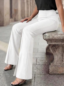 Editum Women's Solid Color Elegant Commute Split Hem Long Pants - White - View 3