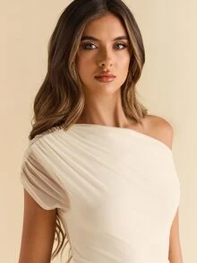 SHEIN BAE 女款純色百褶不對稱領時尚連身衣 - 杏色 - 查看 7