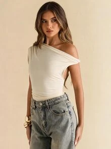 SHEIN BAE 女款純色百褶不對稱領時尚連身衣 - 杏色 - 查看 8