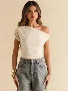 SHEIN BAE 女款純色百褶不對稱領時尚連身衣 - 杏色 - 查看 6