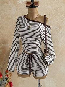 Soleia Women's Plus Size Long Sleeve Asymmetric Shoulder Striped Colorblock 2 Pieces Set Fall - Multicolor - View 7