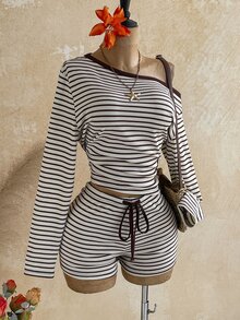 Soleia Women's Plus Size Long Sleeve Asymmetric Shoulder Striped Colorblock 2 Pieces Set Fall - Multicolor - View 5