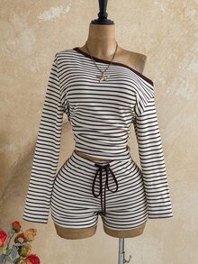 Soleia Women's Plus Size Long Sleeve Asymmetric Shoulder Striped Colorblock 2 Pieces Set Fall - Multicolor - View 10