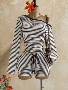 Soleia Women's Plus Size Long Sleeve Asymmetric Shoulder Striped Colorblock 2 Pieces Set Fall - Multicolor - View 6