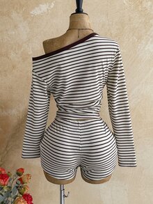 Soleia Women's Plus Size Long Sleeve Asymmetric Shoulder Striped Colorblock 2 Pieces Set Fall - Multicolor - View 2