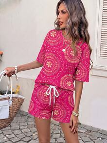 SHEIN LUNE Women's Round Neck Drop Shoulder Top And Drawstring Shorts Casual Tropical 2-Piece Set Beach Vacation Pink And Orange Summer - Multicolor - View 6