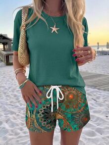 SHEIN LUNE Women's Round Neck Drop Shoulder Top And Drawstring Shorts Casual 2-Piece Set - Multicolor - View 1