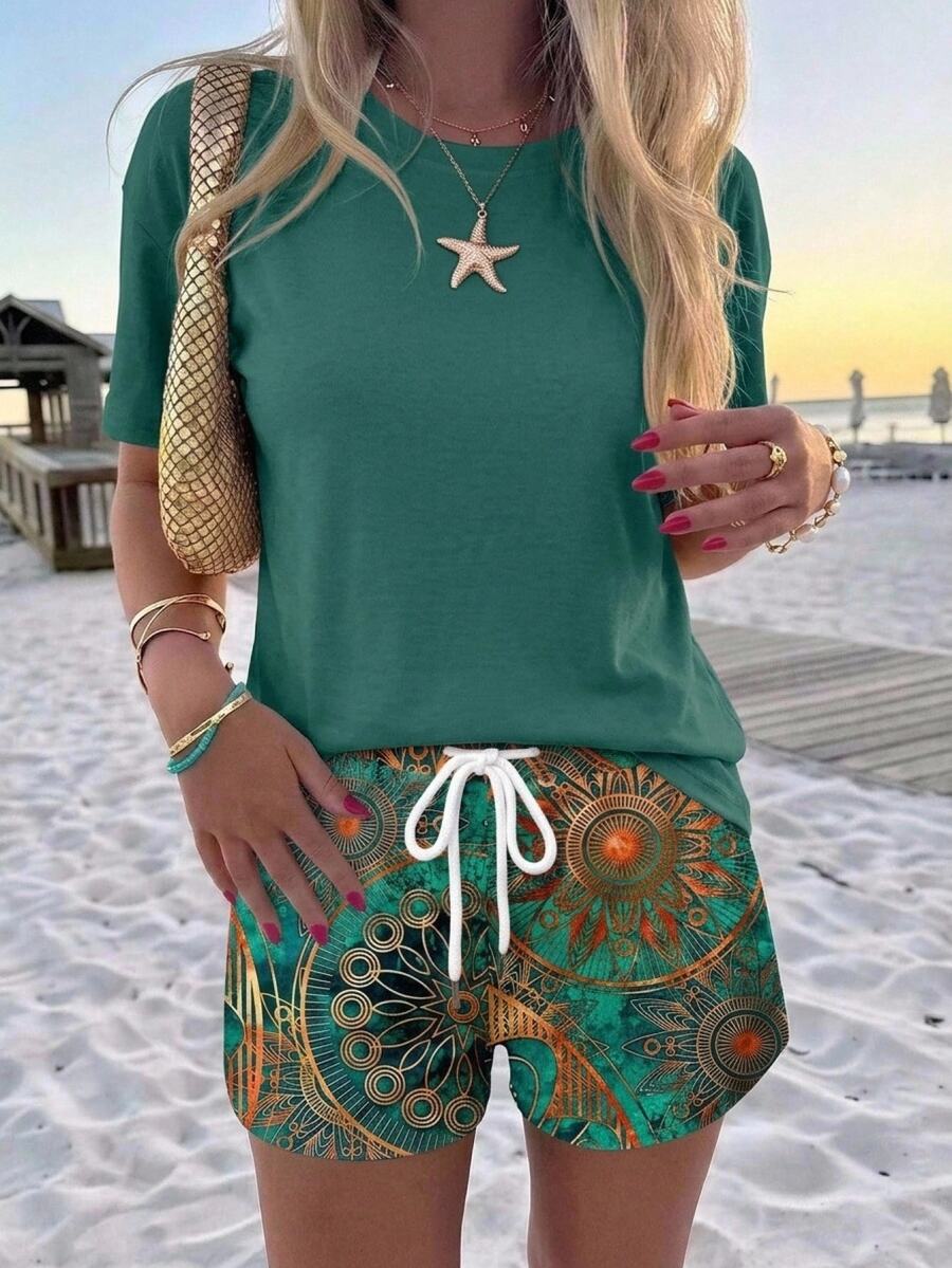SHEIN LUNE Women's Round Neck Drop Shoulder Top And Drawstring Shorts Casual 2-Piece Set - Multicolor - View 1