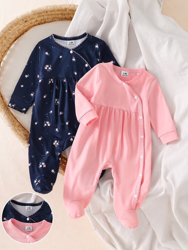 2pcs Newborn Footed Rompers, Navy Floral + Pure Pink Minimalist Gentle Korean Style, Soft Skin-Friendly Combed Cotton Fabric, Baby Home Cozy Cute - Multicolor - View 5
