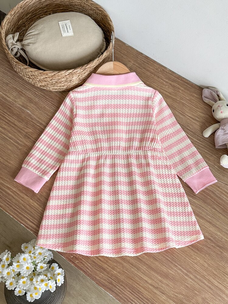 Playful Pals Baby Girls Polo A-Line Dress Cute Pink And White Striped Bow Pleated Long Sleeve Polo Neck Graduation Family Photoshoot Autumn Birthday Girl Princess - Pink - View 2