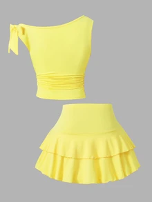 SHEIN Teen Girls 2pcs/Set This New Two Pieces Teen Girls' Mini Set Includes A Stylish, Casual, Comfortable, And Breathable Pink Crew Neck Knit Vest - Yellow - View 2