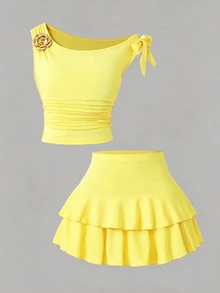 SHEIN Teen Girls 2pcs/Set This New Two Pieces Teen Girls' Mini Set Includes A Stylish, Casual, Comfortable, And Breathable Pink Crew Neck Knit Vest - Yellow - View 4