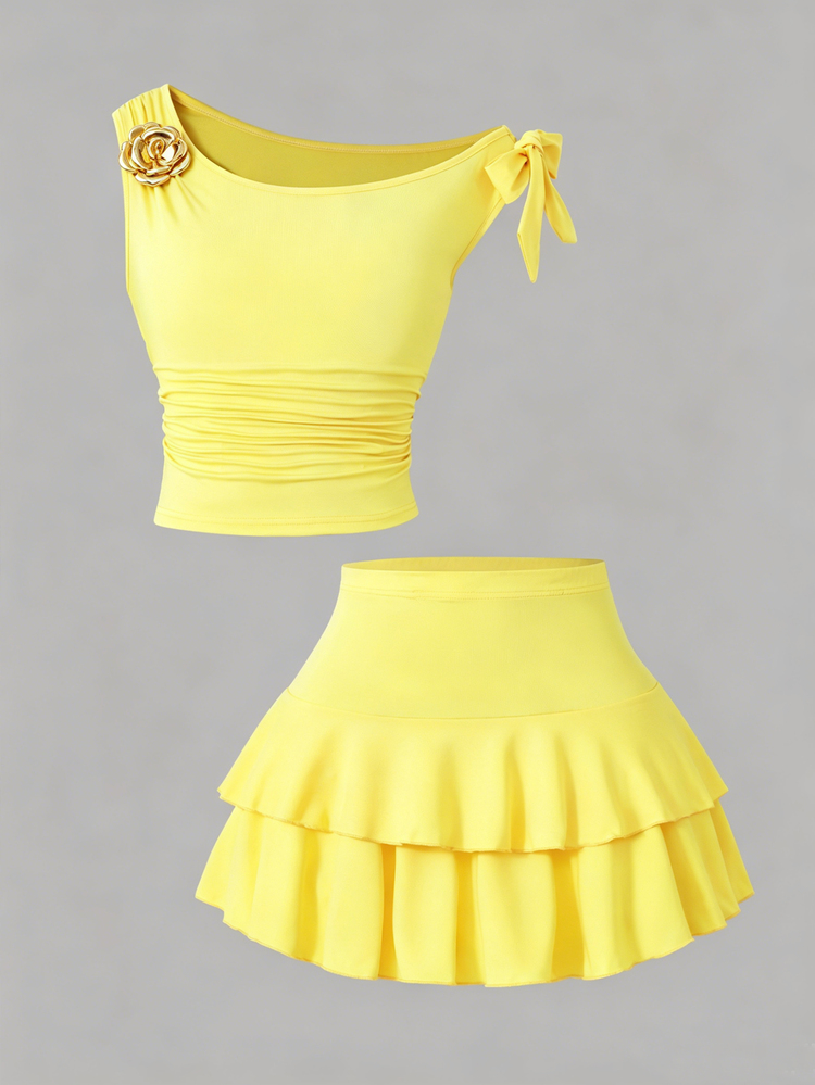 SHEIN Teen Girls 2pcs/Set This New Two Pieces Teen Girls' Mini Set Includes A Stylish, Casual, Comfortable, And Breathable Pink Crew Neck Knit Vest - Yellow - View 4