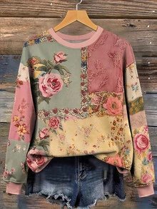 EMERY ROSE 大尺碼女款復古花卉印花拼接印花運動衫，休閒圓領套頭運動衫，秋冬款 - 彩色 - 查看 3