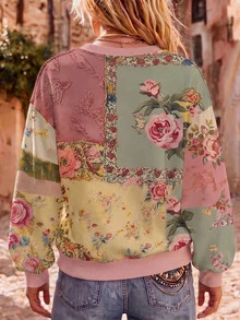 EMERY ROSE 大尺碼女款復古花卉印花拼接印花運動衫，休閒圓領套頭運動衫，秋冬款 - 彩色 - 查看 2