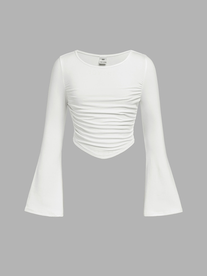 SHEIN Girlism Tween Girls Slim Fit Casual Crew Neck Ruffle Flare Sleeve Long Sleeve T-Shirt