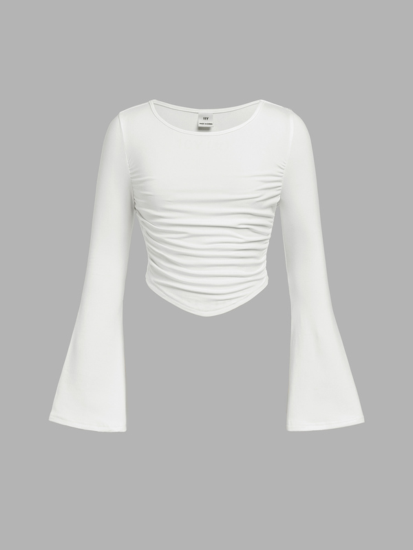 SHEIN Girlism Tween Girls Slim Fit Casual Crew Neck Ruffle Flare Sleeve Long Sleeve T-Shirt