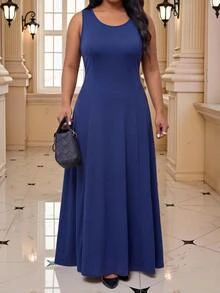 Fleurora Plus Size Women's Solid Color Dress And Applique Robe Casual Set Fall - Navy Blue - View 3