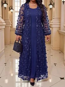 Fleurora Plus Size Women's Solid Color Dress And Applique Robe Casual Set Fall - Navy Blue - View 1