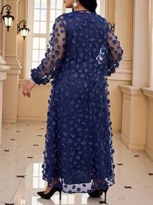 Fleurora Plus Size Women's Solid Color Dress And Applique Robe Casual Set Fall - Navy Blue - View 2