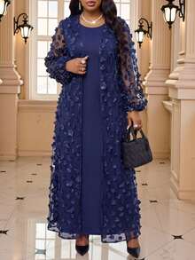 Fleurora Plus Size Women's Solid Color Dress And Applique Robe Casual Set Fall - Navy Blue - View 4