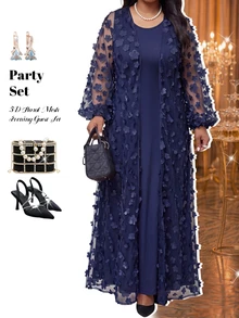Fleurora Plus Size Women's Solid Color Dress And Applique Robe Casual Set Fall - Navy Blue - View 6