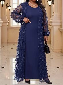 Fleurora Plus Size Women's Solid Color Dress And Applique Robe Casual Set Fall - Navy Blue - View 5