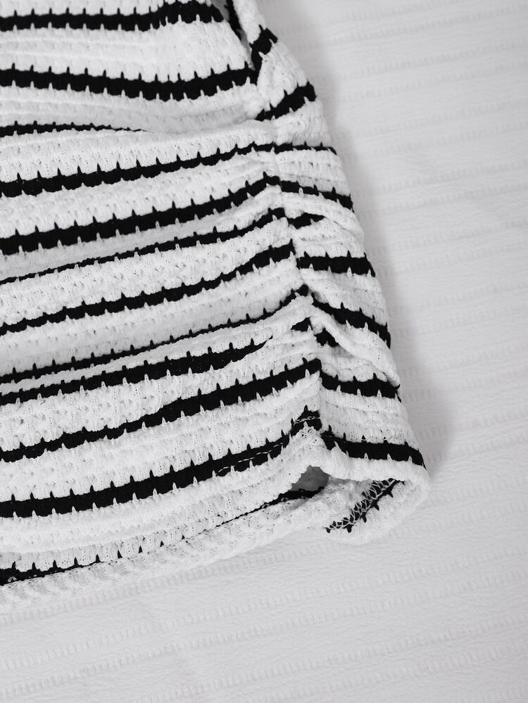 SHEIN Explorewe Teen Girl Long Sleeve Long Pants Striped V-Neck Polo Collar Textured Fabric Waist-Cinching Slim Fit Tight T-Shirt Set, Casual Commute, Fashionable Versatile, Can Be Layered, Suitable For Autumn/Fall/Hoodie/Sweater - White - View 8