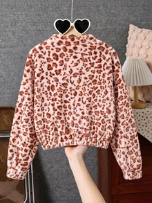 SHEIN Girls' Winter Pink Leopard Print Fleece Jacket, Elastic Cuffs And Pockets, Thickened Fleece, Loose Fit Suitable For Indoor Or Outdoor Park Activities - Multicolor - View 3