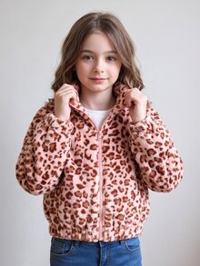 SHEIN Girls' Winter Pink Leopard Print Fleece Jacket, Elastic Cuffs And Pockets, Thickened Fleece, Loose Fit Suitable For Indoor Or Outdoor Park Activities - Multicolor - View 4