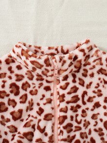 SHEIN Girls' Winter Pink Leopard Print Fleece Jacket, Elastic Cuffs And Pockets, Thickened Fleece, Loose Fit Suitable For Indoor Or Outdoor Park Activities - Multicolor - View 5
