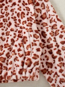 SHEIN Girls' Winter Pink Leopard Print Fleece Jacket, Elastic Cuffs And Pockets, Thickened Fleece, Loose Fit Suitable For Indoor Or Outdoor Park Activities - Multicolor - View 6