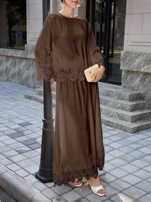 Mulvari 女款法式優雅濃縮咖啡棕色蕾絲刺繡拼接上衣與裙子兩件套，適合早午餐、度假、秋季 - 棕色 - 查看 7