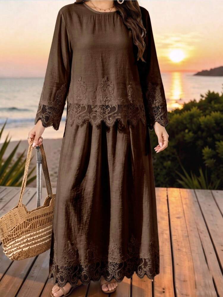 Mulvari Women's French Style Elegant Espresso Brown Lace Embroidered Patchwork Top And Skirt 2 Pieces Set Brunch Vacation Autumn - Brown - View 8