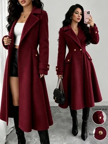 GlowEve Women's Solid Color Lapel NeckLong Sleeve Double-Breasted Elegant Regular Fit Jacket - Burgundy - View 3