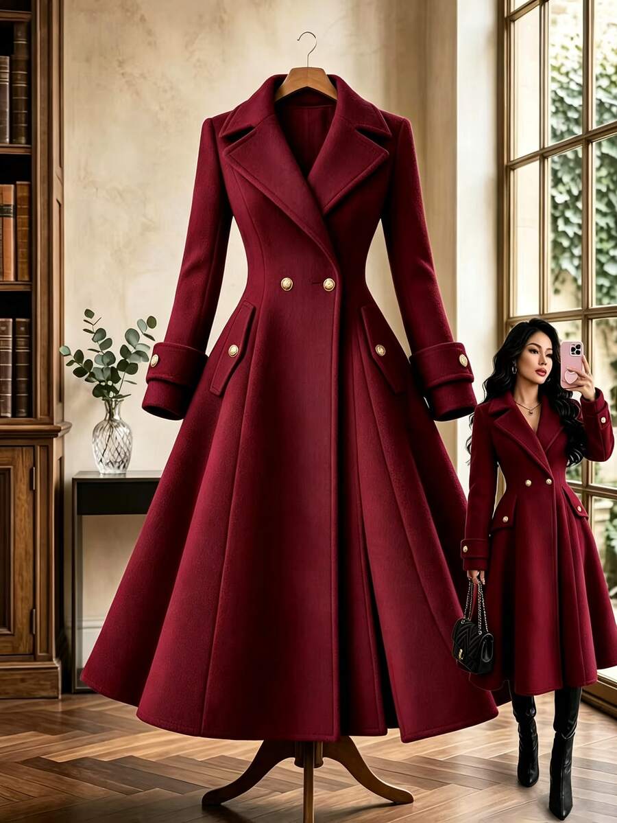 GlowEve Women's Solid Color Lapel NeckLong Sleeve Double-Breasted Elegant Regular Fit Jacket - Burgundy - View 1