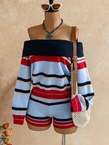 Soleia Women's Plus Size Autumn/Winter Striped Off-Shoulder Long Sleeve Sweater And Knitted Shorts Set Fall - Multicolor - View 3