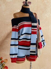 Soleia Women's Plus Size Autumn/Winter Striped Off-Shoulder Long Sleeve Sweater And Knitted Shorts Set Fall - Multicolor - View 7
