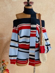 Soleia Women's Plus Size Autumn/Winter Striped Off-Shoulder Long Sleeve Sweater And Knitted Shorts Set Fall - Multicolor - View 5